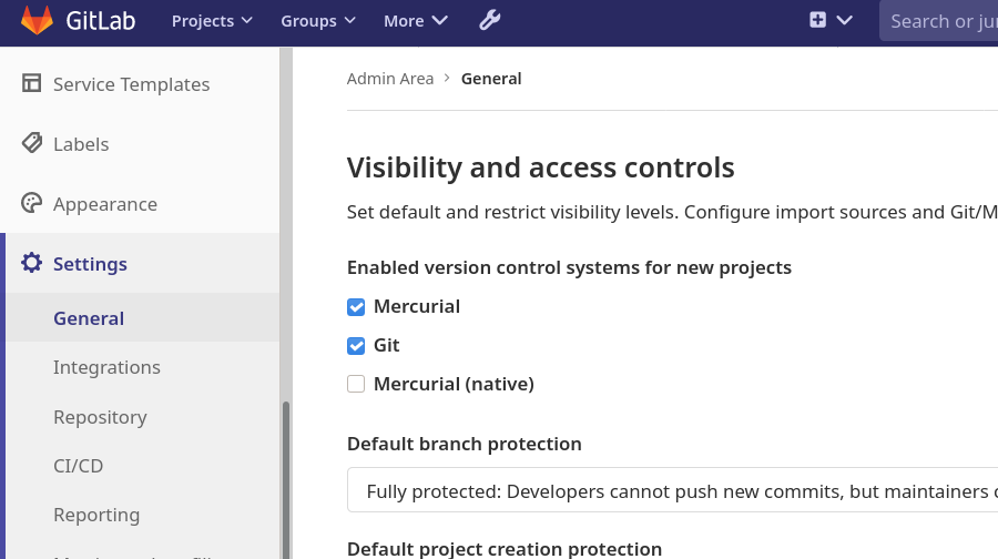 New project page, showing the VCS type selector