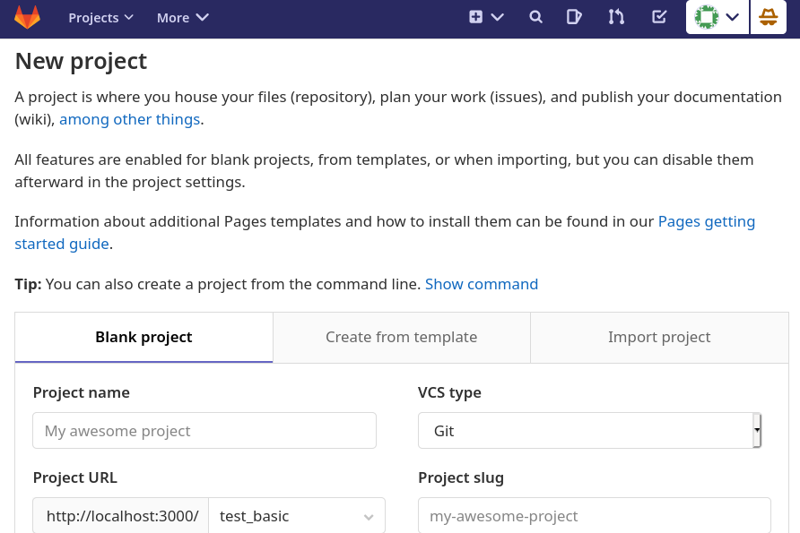 New project page, showing the VCS type selector