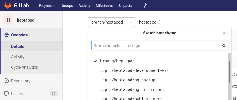 screenshot of Heptapod branch selector, showing some topics