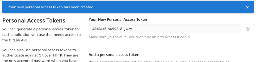 Personal Access Token created, only occasion to save it